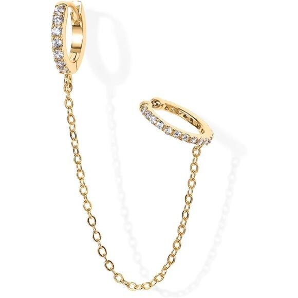 Gold Chain Earrings for Women Double Piercing Dangle Chain Huggie Hoop Earrings - Picture 1 of 7